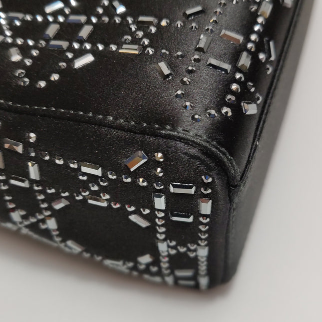 Lady Dior Mini Black Silk with Crystals Silver Hardware