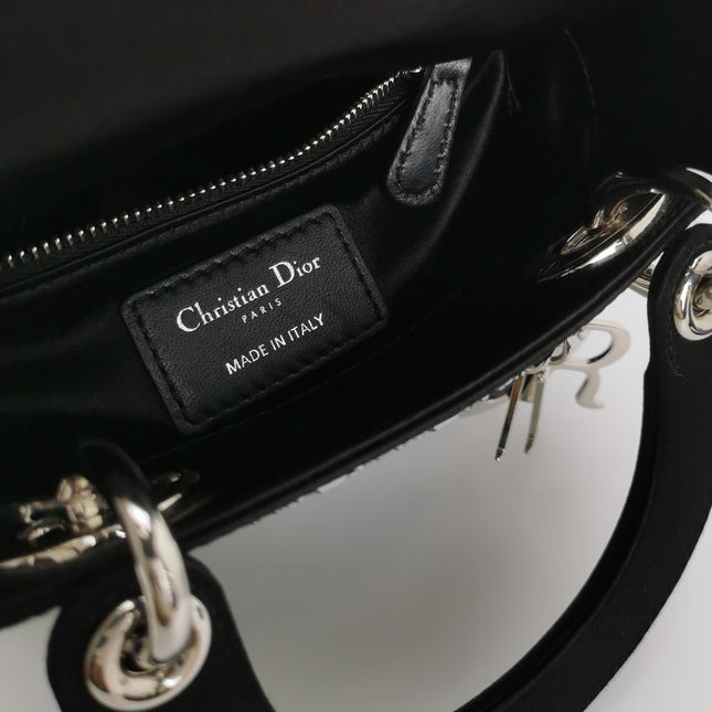 Lady Dior Mini Black Silk with Crystals Silver Hardware