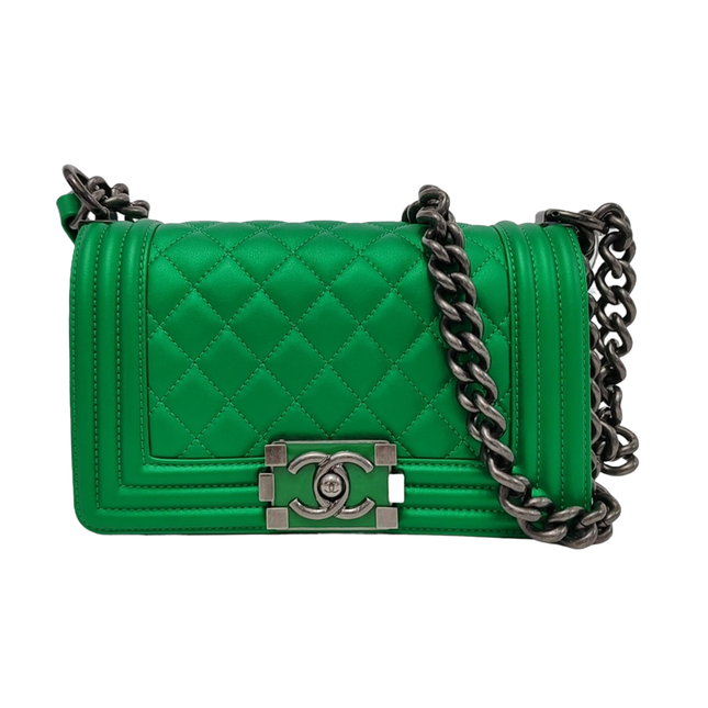 Chanel Le Boy Small Green Calfskin Leather Bag Antiqued Silver Hardware 2014-2015-Luxbags