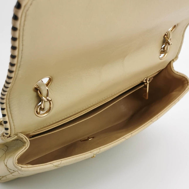 Sold Chanel Classic Flap Medium Happy Stitch Beige Leather with Contrast Black Trim