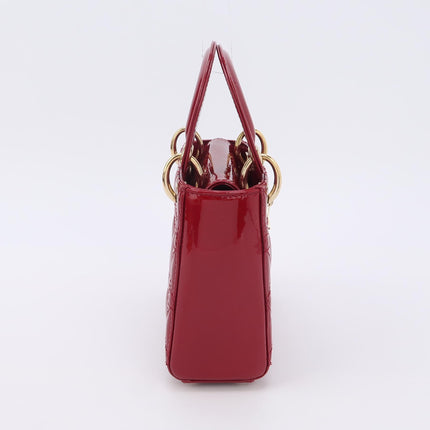 Lady Dior Mini Handbag Burgundy Red Patent Leather Gold-tone Chain Strap