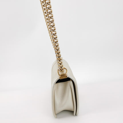 Chanel Le Boy Medium White Pearlescent Waffle Lambskin Leather Red Lock 2013-2014