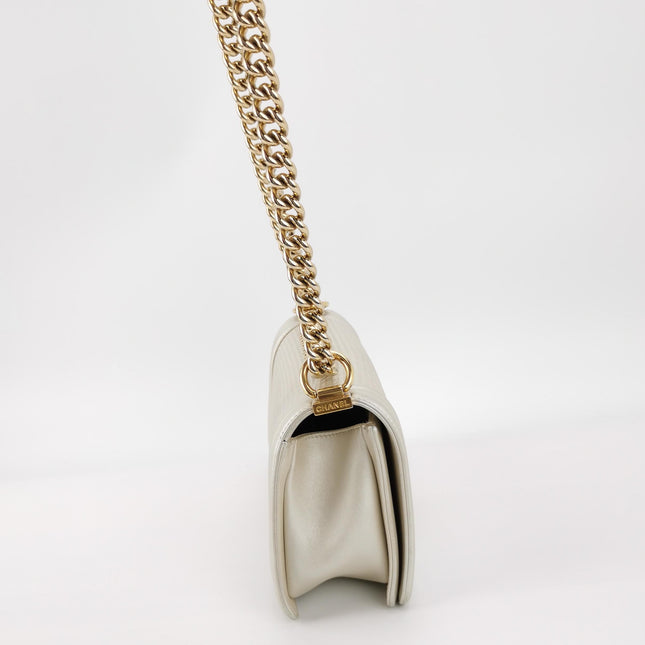 Chanel Le Boy Medium White Pearlescent Waffle Lambskin Leather Red Lock 2013-2014