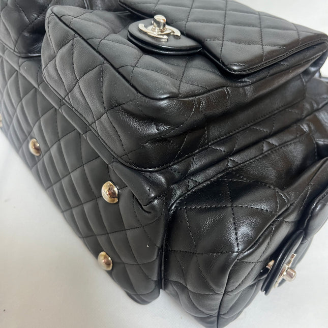 Chanel Cambon Multi-pocket Ligne Reporter Bag Large Black Calfskin Leather White Logo