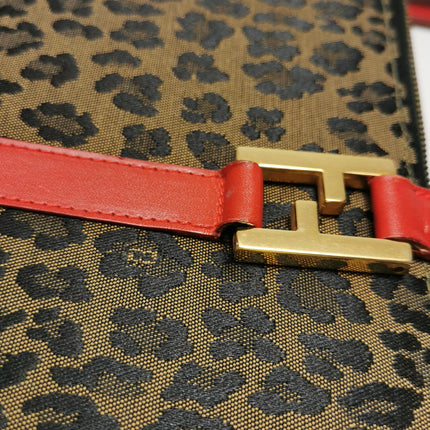 Fendi Clutch Denim Leopard Print with Red Leather Handles