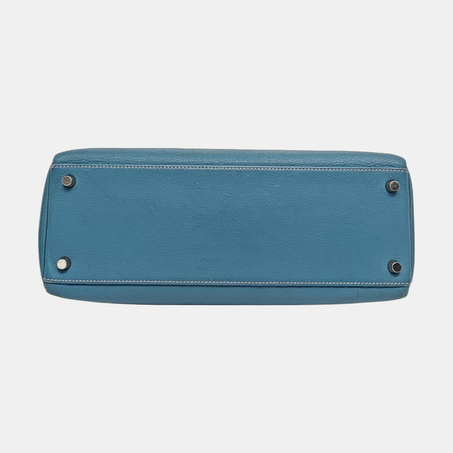 Hermes Kelly 32 Retourne Double Ring Blue Jeans Evercolor Leather Palladium Hardware 2002