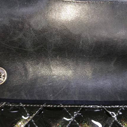 Chanel Baguette Flap Shoulder Bag Black Patent Leather Silver Double Chain