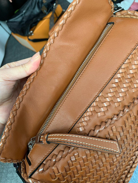 Loewe Puzzle Small Leather Woven Braided Tan Brown Crossbody Bag