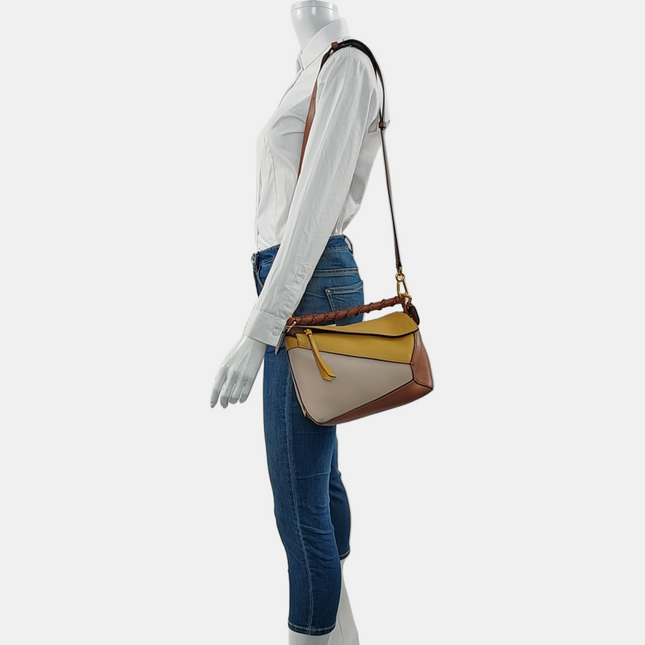 Loewe Puzzle Small Tricolor Tan Yellow Grey Braided Handle Crossbody Bag