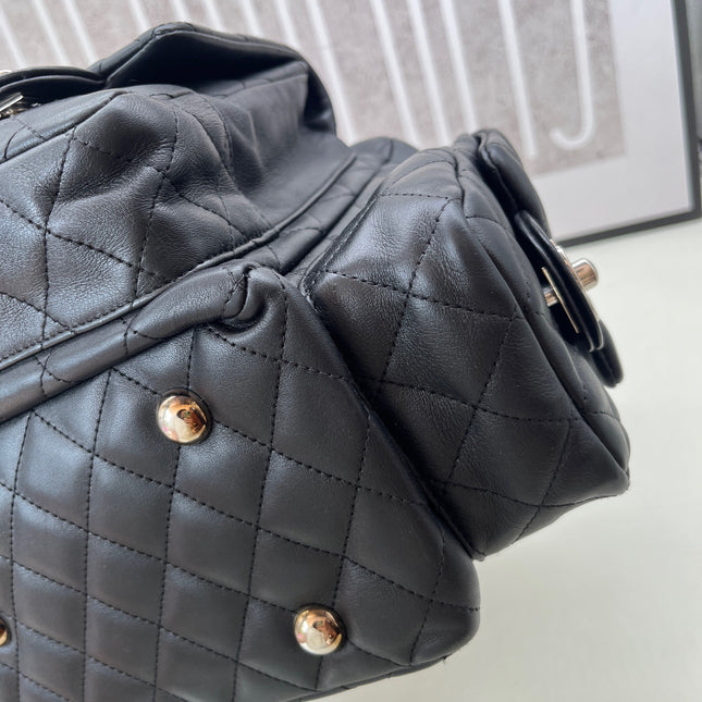 Chanel Cambon Multi-pocket Ligne Reporter Bag Large Black Calfskin Leather White Logo