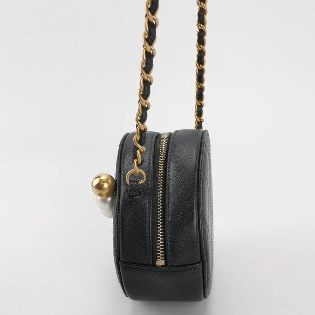 Chanel Round Black Lambskin Leather Crossbody Bag with Matelasse Chain and Pearls