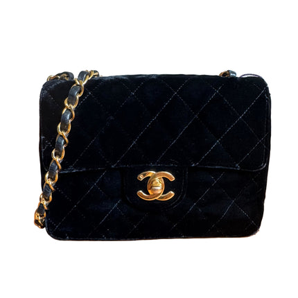 Chanel Classic Flap Mini Square Vintage Black Velvet 24k Gold Hardware 1991-94-Luxbags