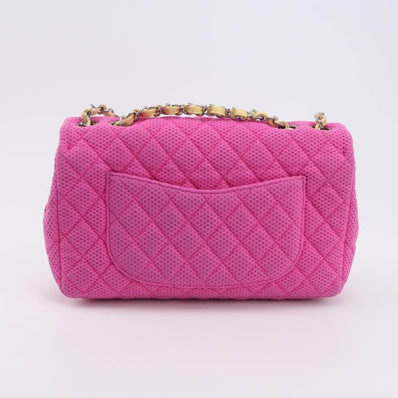 Chanel Flap Bag Medium Pink Perforated Fabric Yellow Patent Leather Stap 2009-2010