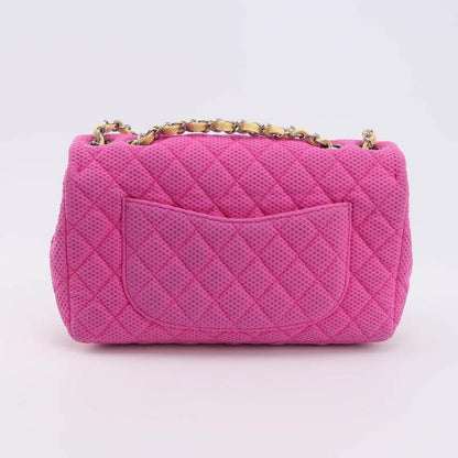 Chanel Flap Bag Medium Pink Perforated Fabric Yellow Patent Leather Stap 2009-2010