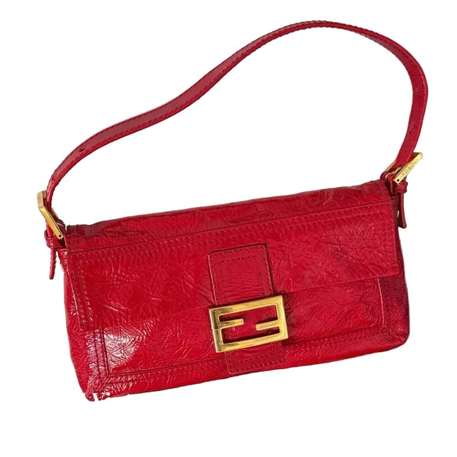 FENDI Baguette Red Crinkled Patent Leather Shoulder Bag-Luxbags