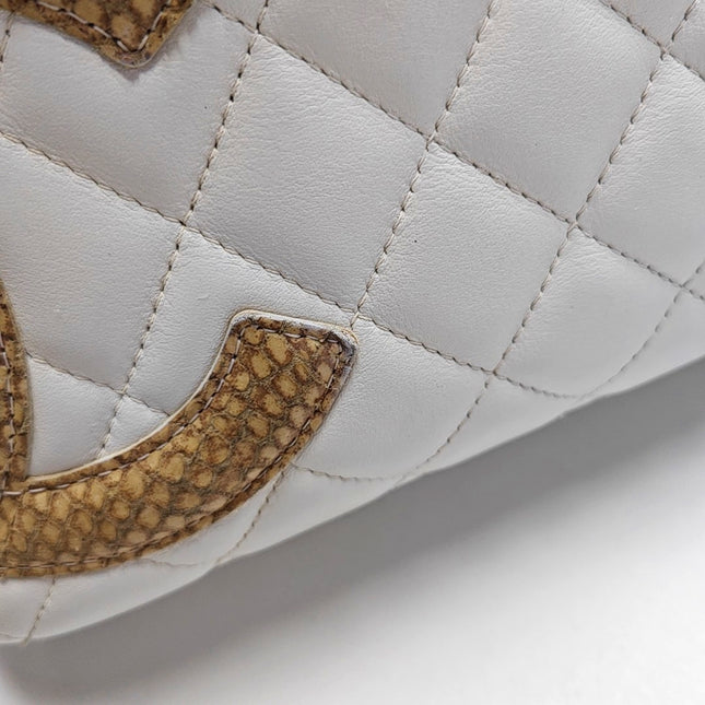 Chanel Cambon Medium Shoulder Bag White Calfskin Leather Snake-skin CC Logo Black Double Strap
