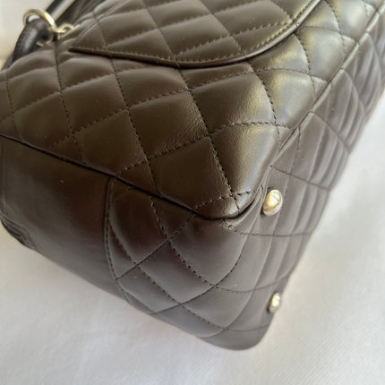 Chanel Cambon Medium Shoulder Bag Brown Calfskin Leather Snake-skin CC Logo Black Double Strap