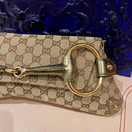 Sold Gucci Horsebit 1955 Large Cloth Beige Monogram Gold Leather Shoulder bag