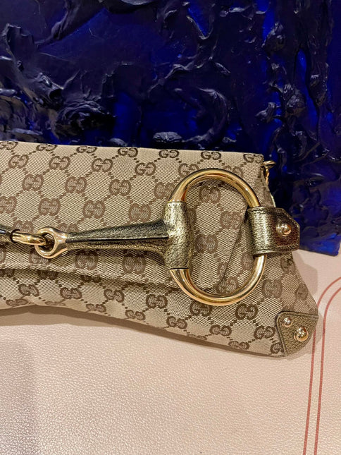 Sold Gucci Horsebit 1955 Large Cloth Beige Monogram Gold Leather Shoulder bag