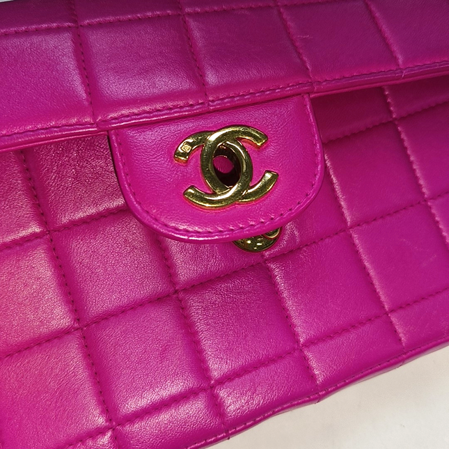 Chanel East West Chocolate Bar Fuchsia Pink Leather 24k Gold hardware