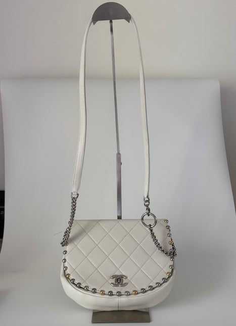 Chanel White Calfskin Leather Embellished Flap Saddle Bag, 2018-19