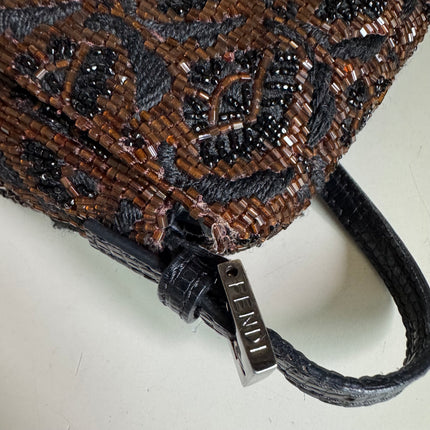 Fendi Mini Mamma Baguette Brown Glitter Beads Floral Embroidery