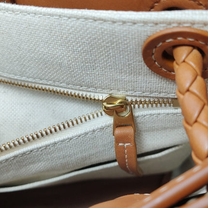 Bottega Veneta Small Andiamo Tan Brown Leather and Beige Canvas Handbag