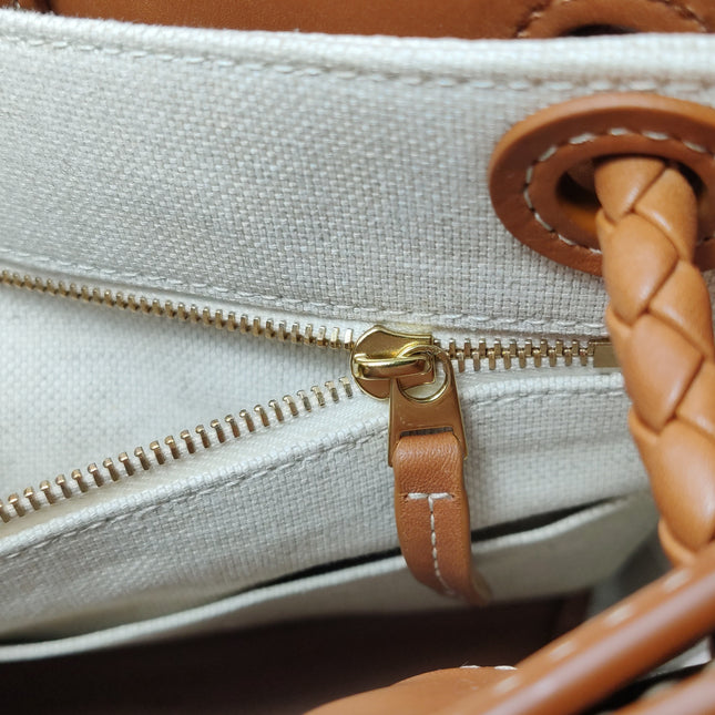 Bottega Veneta Small Andiamo Tan Brown Leather and Beige Canvas Handbag