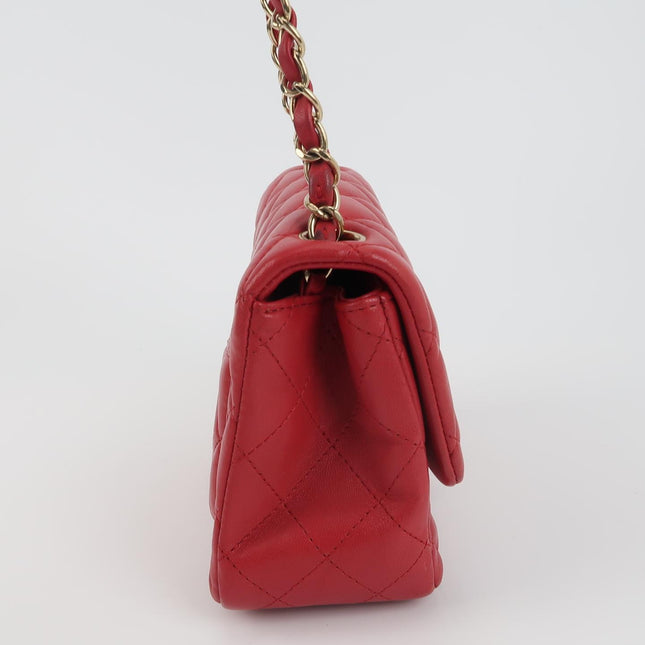Chanel Classic Flap Mini Square Red Lambskin Leather Gold Hardware