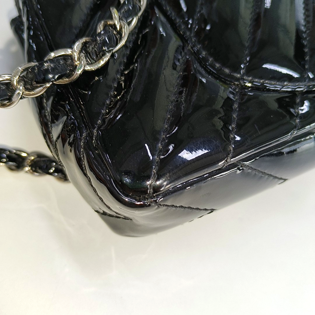Sold Chanel Baguette Flap Shoulder Bag Chevron Black Patent Leather Silver Double Chain