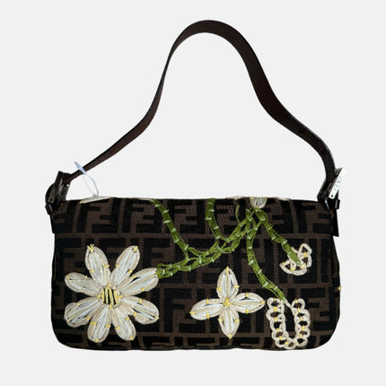 Fendi Baguette Zucca Monogram with Straw Floral Embroidery