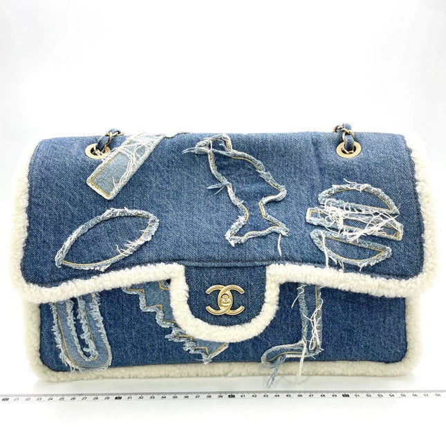 Chanel Blue Denim White Shearling Egyptian Hieroglyph Maxi Flap Bag Gold Hardware, 2019