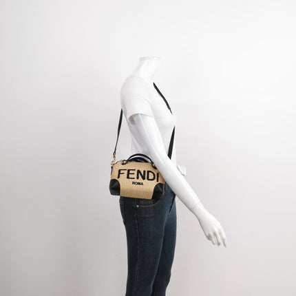 Sold Fendi By The Way Mini Raffia Straw Black Leather Crossbody Bag