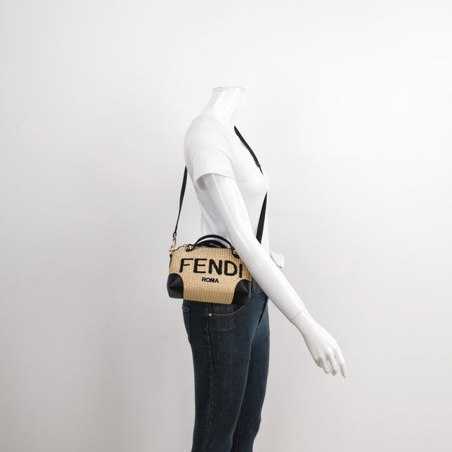 Sold Fendi By The Way Mini Raffia Straw Black Leather Crossbody Bag