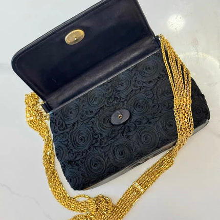 Chanel vintage Black Rose Knitted Fabric Gold Chain Flap Crossbody Bag