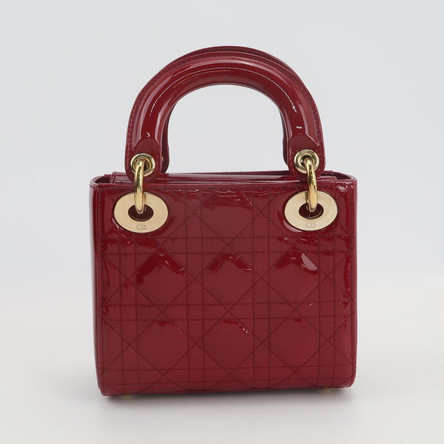 Lady Dior Mini 2019 Red Burgundy Patent Leather Gold Hardware Suede Interior Chain Strap