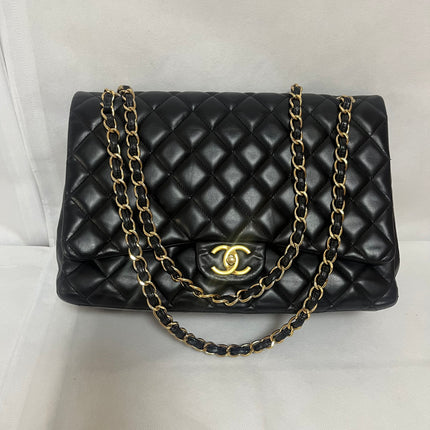 Chanel Classic Flap Maxi 2011 Black Lambskin Leather Double Flap with Gold Hardware-Luxbags
