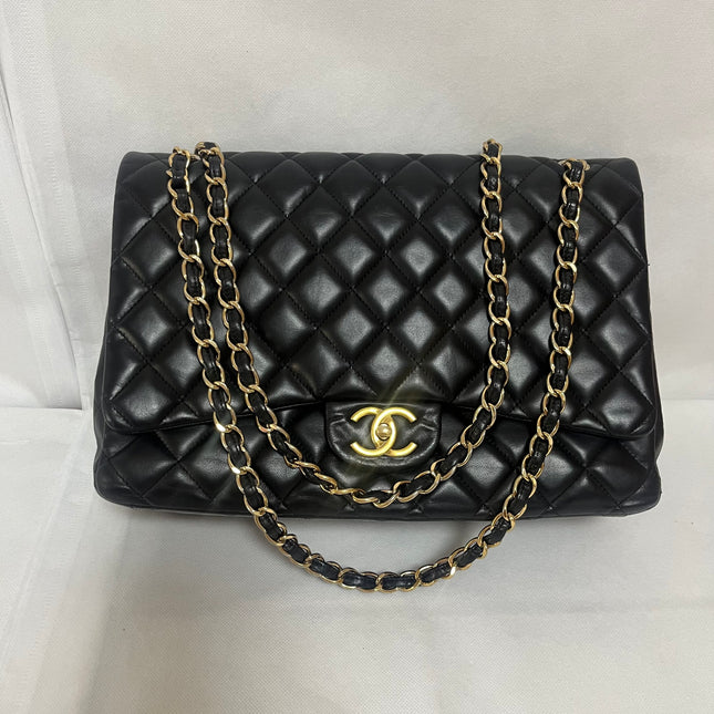 Chanel Classic Flap Maxi 2011 Black Lambskin Leather Double Flap with Gold Hardware-Luxbags