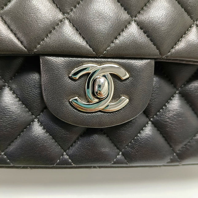 Chanel Timeless Classic Flap Medium Grey Lambskin Leather Silver Hardware