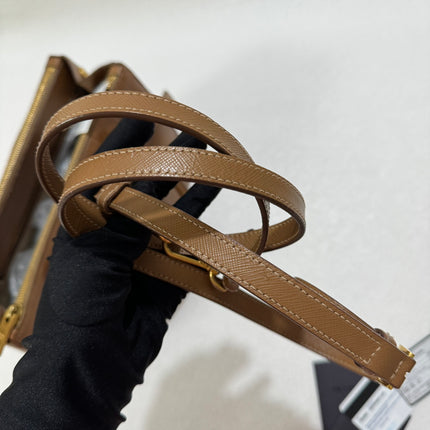 Prada Galleria Saffiano Leather Small Tan Brown Handbag with Strap 25cm