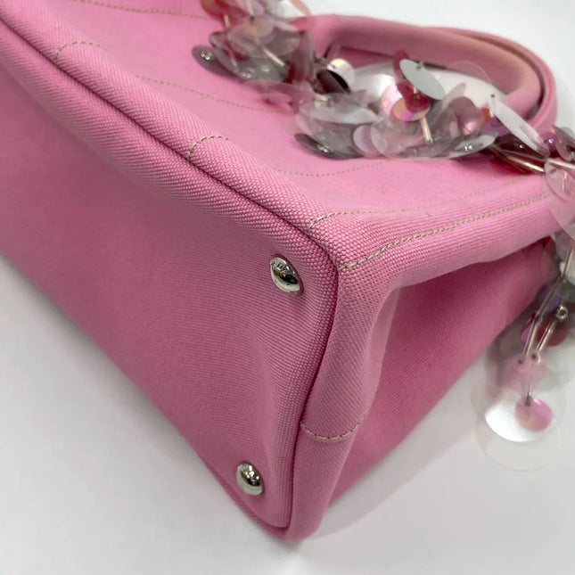 Prada Canape Small Pink Canvas with Sequins Top Handle Bag with Strap Rare