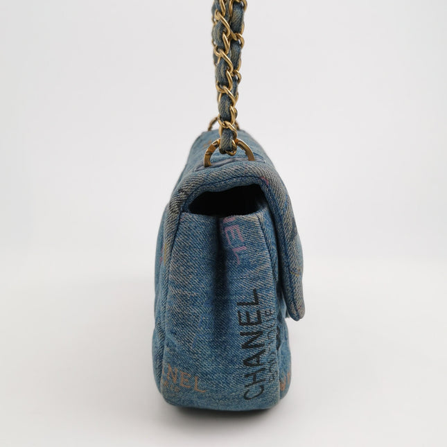 Chanel Classic Flap Mini Rectangular Blue Denim Jeans Gold Hardware Microchip