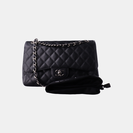 Sold Chanel Classic Flap Jumbo 2010 Black Caviar Leather Double Flap with Silver Hardware