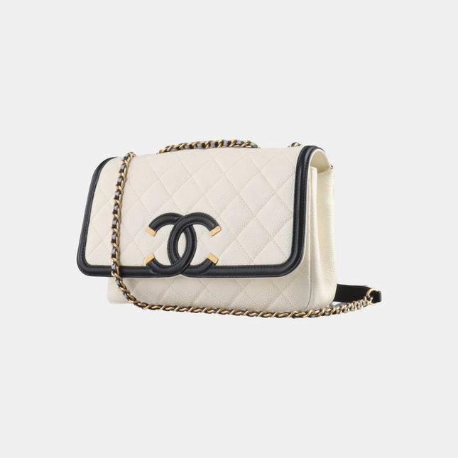 Chanel Filigree Flap Bag Caviar Leather Small White with Black Trim