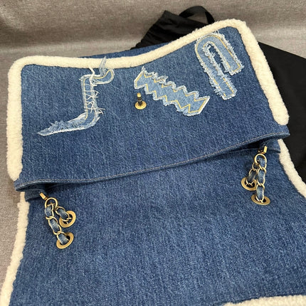 Chanel Blue Denim White Shearling Egyptian Hieroglyph Maxi Flap Bag Gold Hardware, 2019