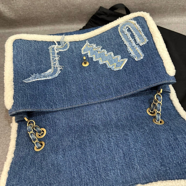 Chanel Blue Denim White Shearling Egyptian Hieroglyph Maxi Flap Bag Gold Hardware, 2019