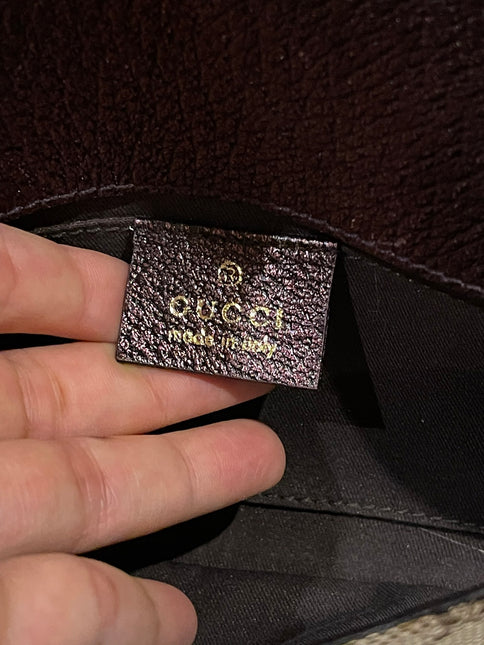 Sold Gucci Horsebit 1955 Chain Bag Gucci Monogram Iridescent Purple Leather and Gold Studs