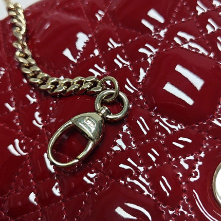 Lady Dior Mini 2021 Red Burgundy Patent Leather Gold Hardware Suede Interior Chain Strap
