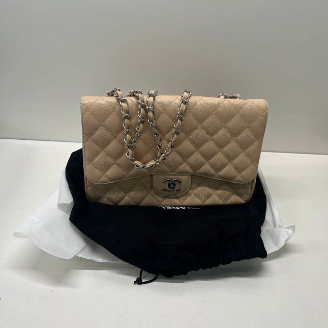 Chanel Classic Flap Jumbo 2009 Beige Caviar Leather Single Flap Silver Hardware