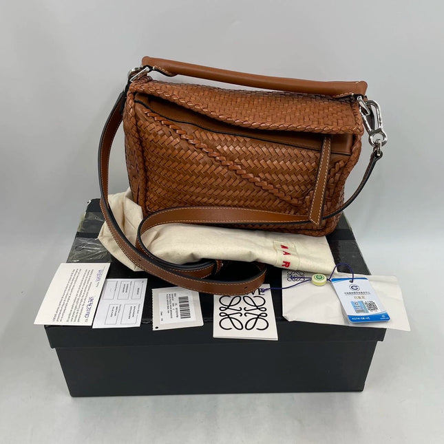 Loewe Puzzle Small Leather Woven Caramel Tan Crossbody Bag